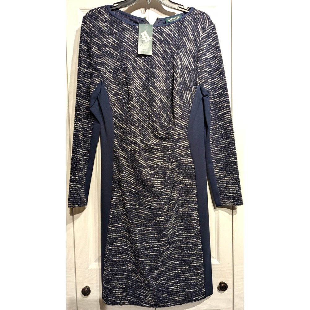 Lauren Ralph Lauren Dress Womens 12 Navy Multi Tweed Knit Colorblock Sheath NWT